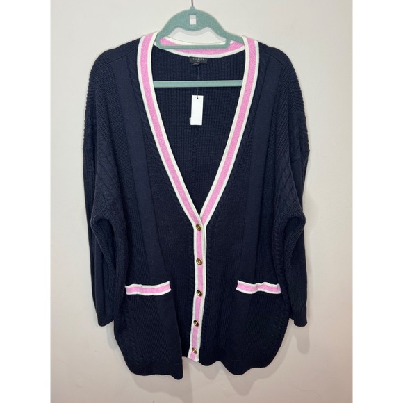 Talbots Sweaters - Talbots cable knit tipped Cardigan Sz 2X NWT Navy Pink‎